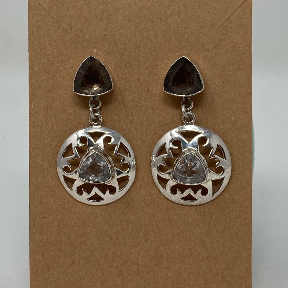 Elegant Sterling Silver, Smokey Quartz, and Blue Topaz  Dangle Earrings